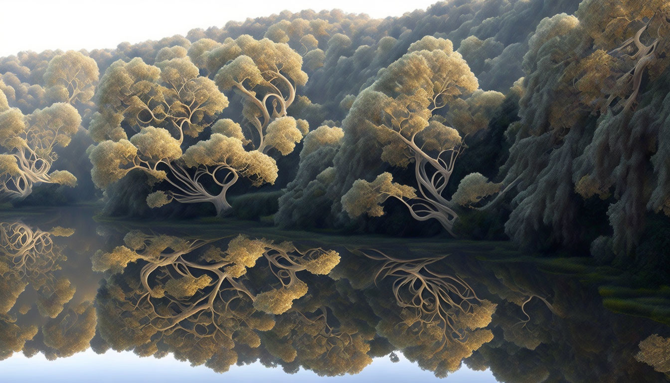 Symmetrical forest reflection in tranquil water landscape