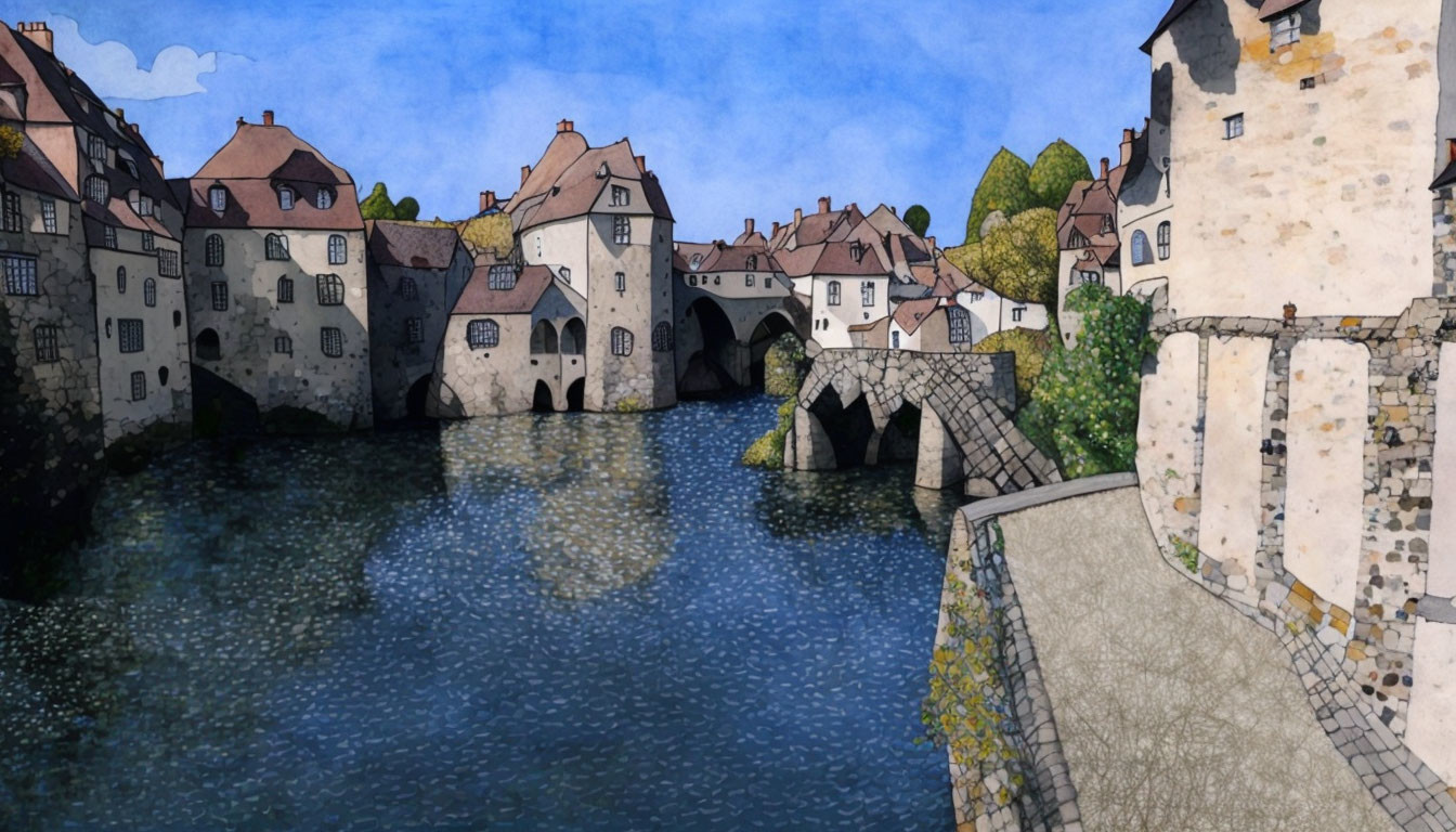 Medieval village with stone houses and arched bridge by tranquil river