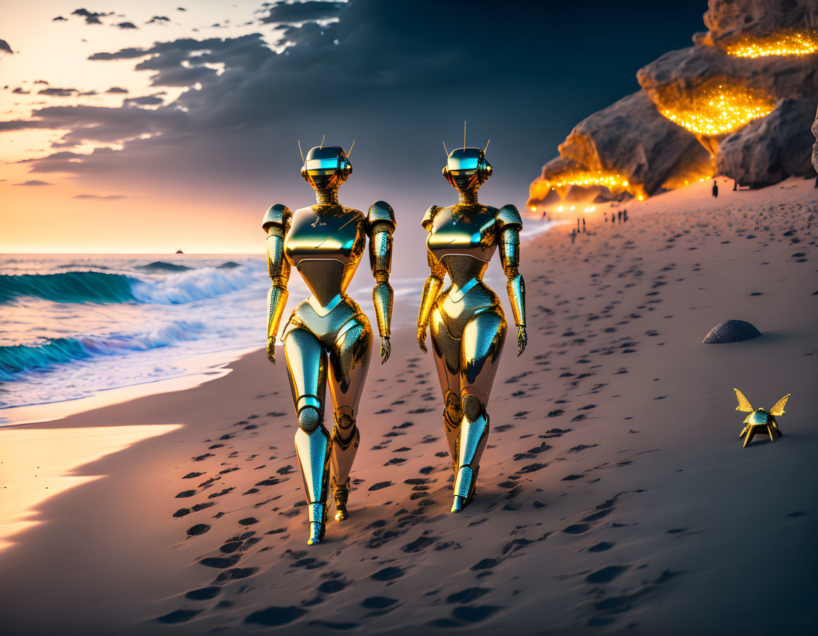 Futuristic robots on beach at sunset with illuminated caves