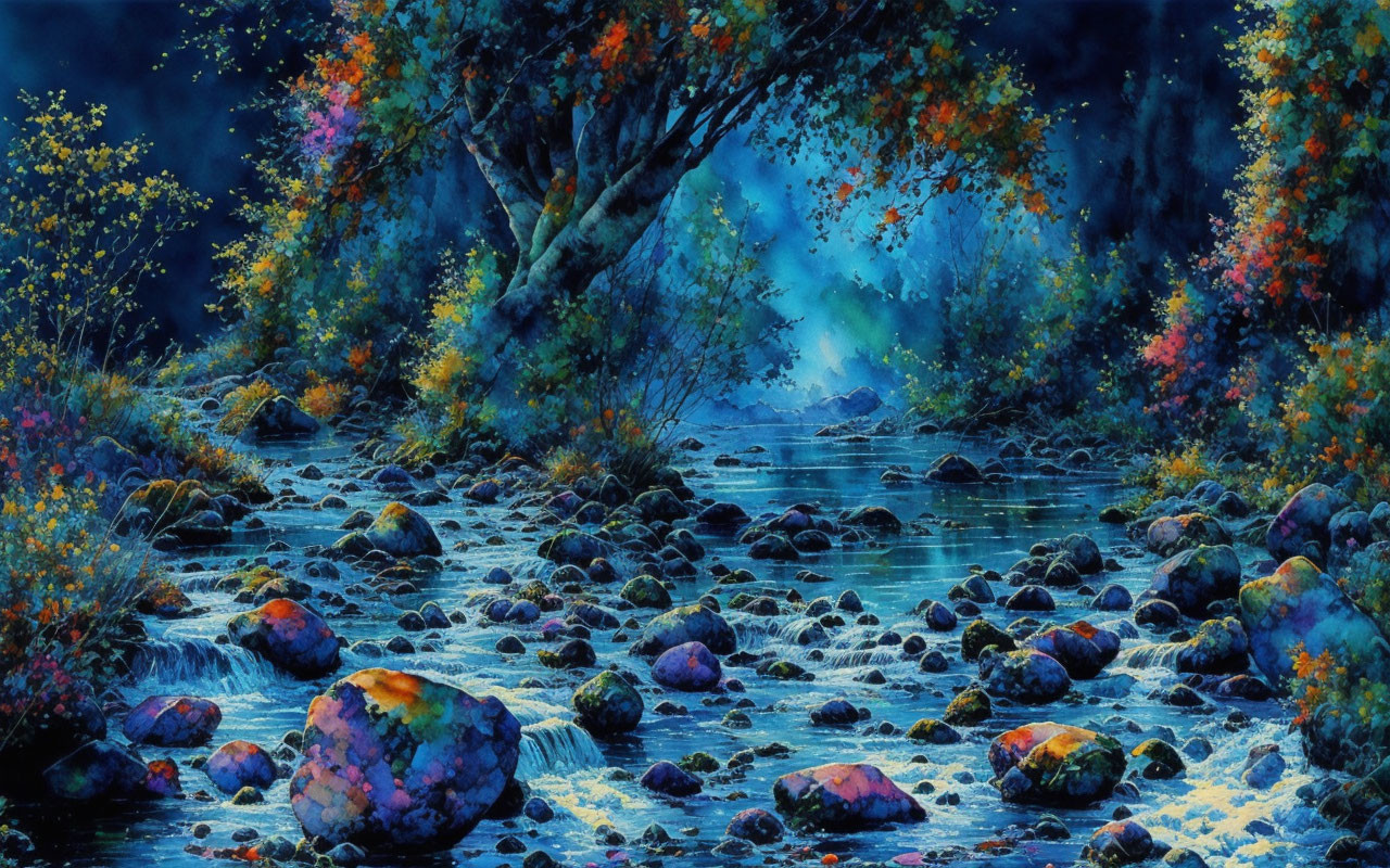 Colorful Landscape: Serene Stream, Rocky Bed, Autumn Trees