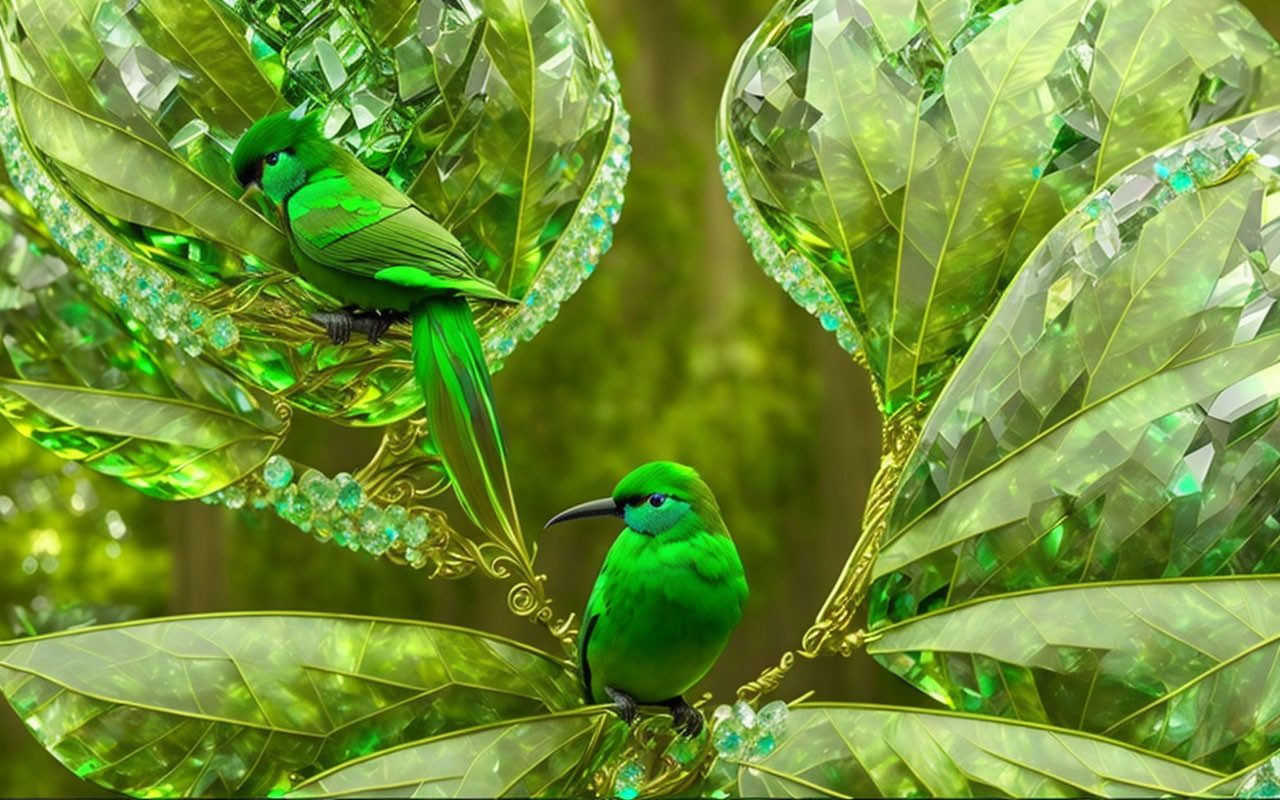 Vibrant green birds on branches with emerald leaves and crystals