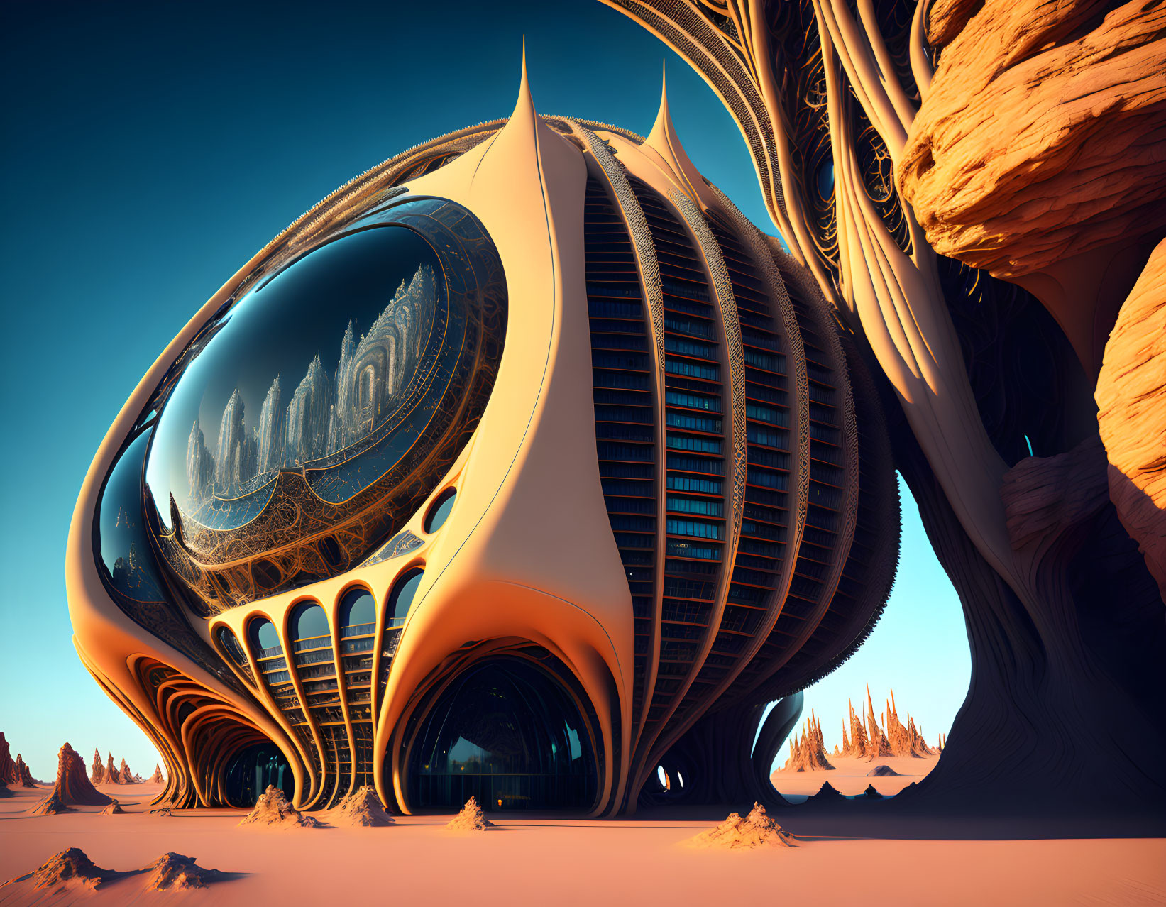 Organic-shaped futuristic building in rocky desert landscape