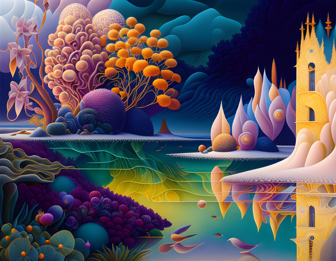 Fantastical landscape with whimsical trees, river, and castles at twilight