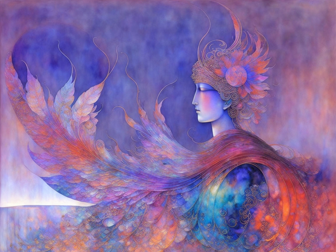 Colorful illustration of person with feathered wings and headdress on heart-shaped backdrop