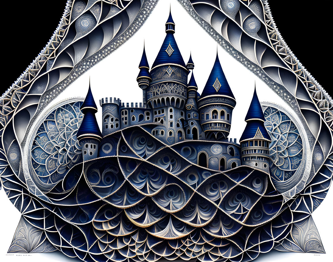 Whimsical fantasy castle illustration with geometric patterns in blue, black, and gold