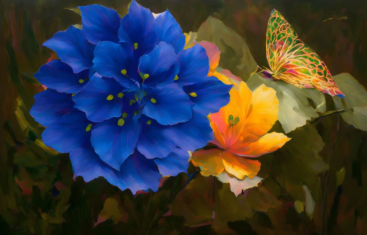 Colorful digital painting of large blue and small orange flowers with intricate butterfly.