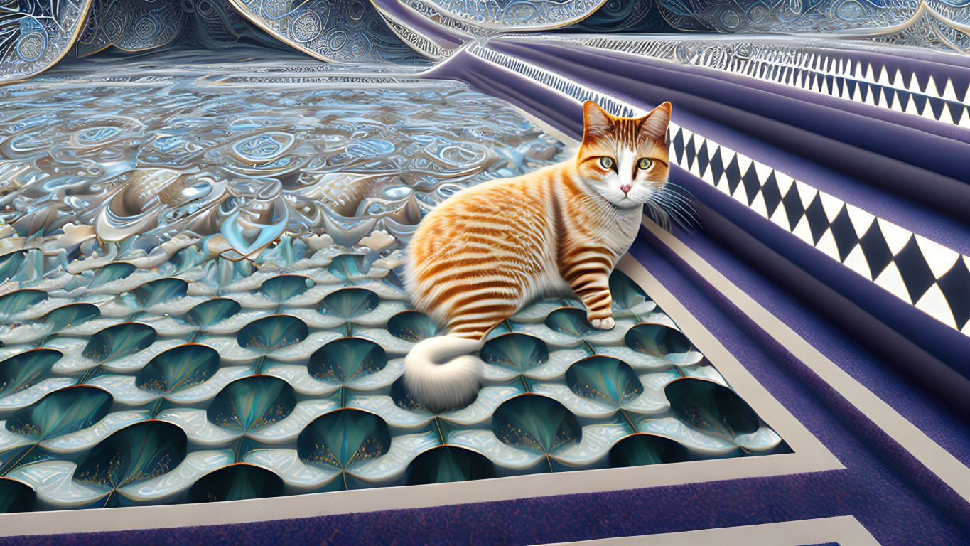 Orange and White Cat on Blue and White Geometric Fractal Pattern Surface