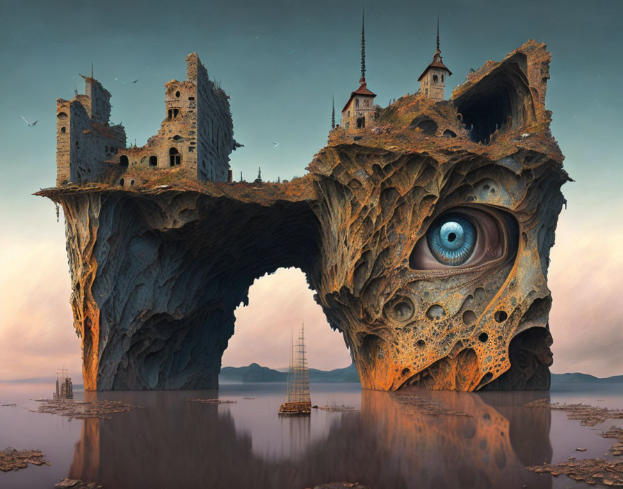 Surreal landscape with colossal rocky formation, eye, archway, castles, ship, and