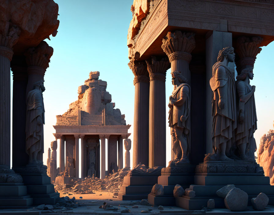 Ancient ruins with towering statues and fallen columns in desert setting