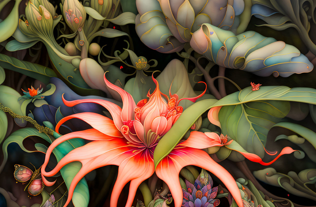 Fantasy garden digital art with oversized orange flower