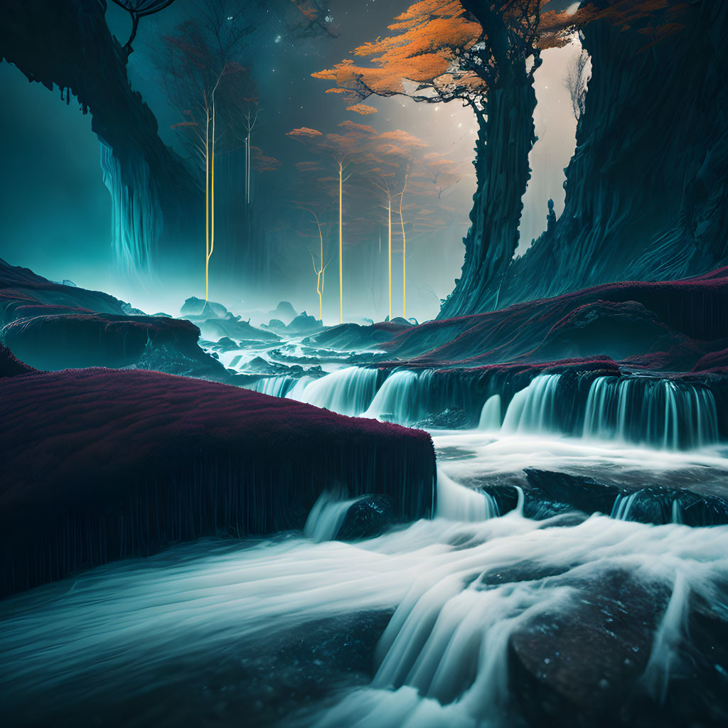 Mystical landscape with cascading river and glowing trees in dark gorge