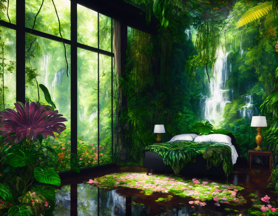 Botanical-themed bedroom with waterfall view in lush jungle setting