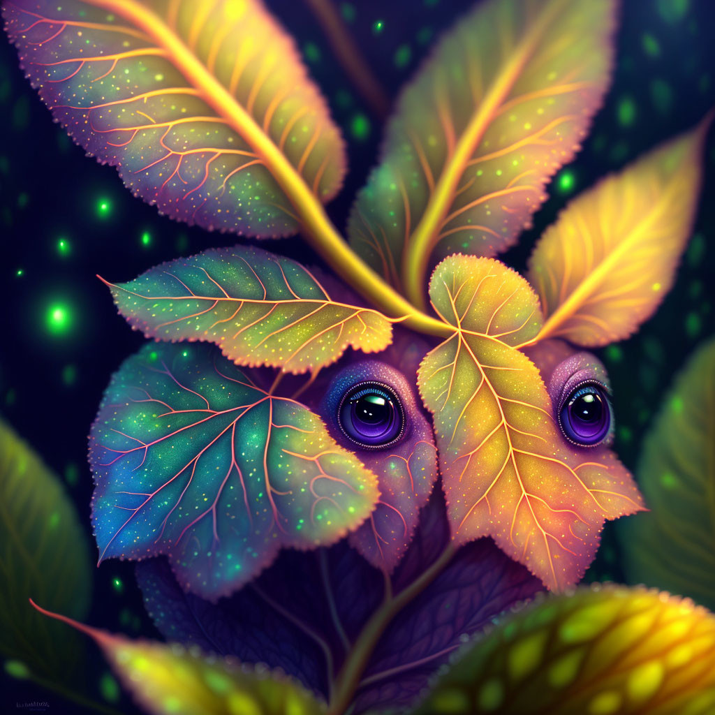 Colorful digital artwork: expressive eyes in vibrant leaves