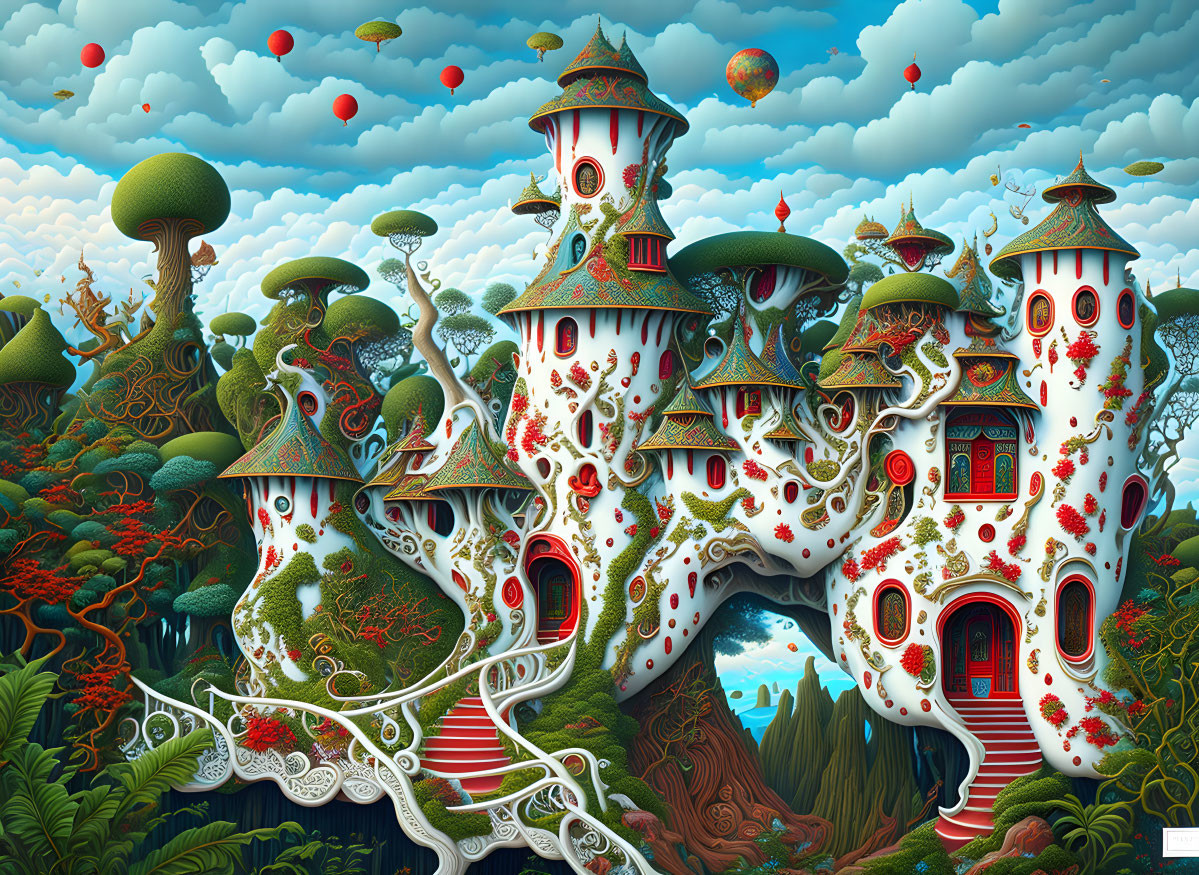 Fantastical landscape with mushroom-capped towers and lush backdrop