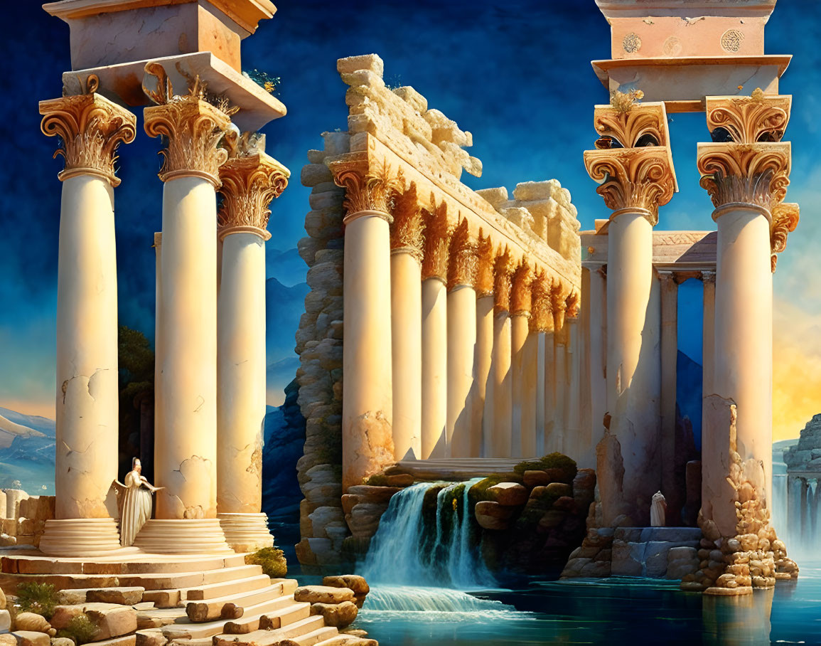 Digital artwork of woman by ancient structure and waterfall