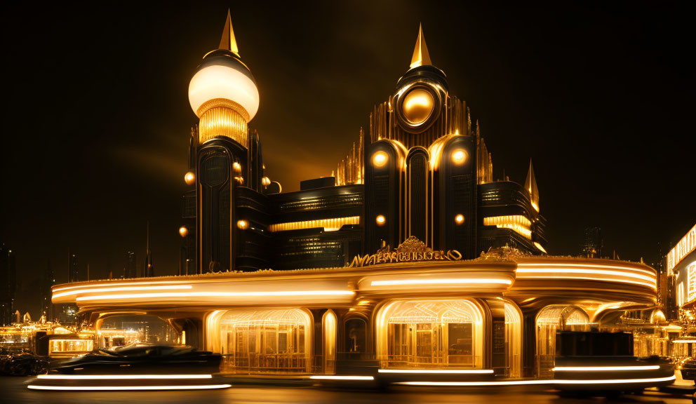 Futuristic building with golden illuminated lights at night