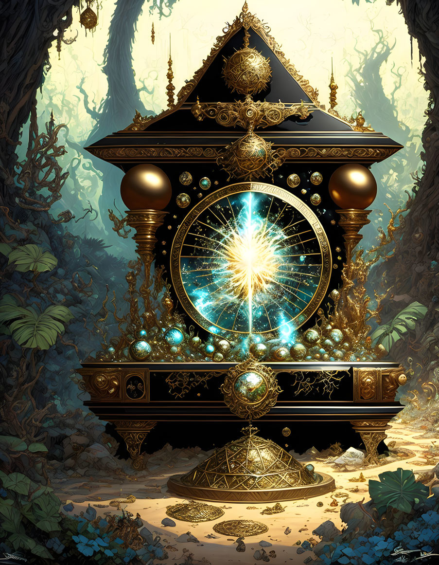 Ornate mystical clock with glowing portal in lush forest