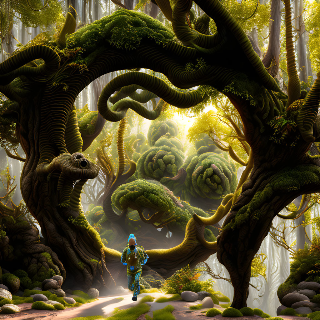 Exploration of mystical forest with towering, moss-covered trees