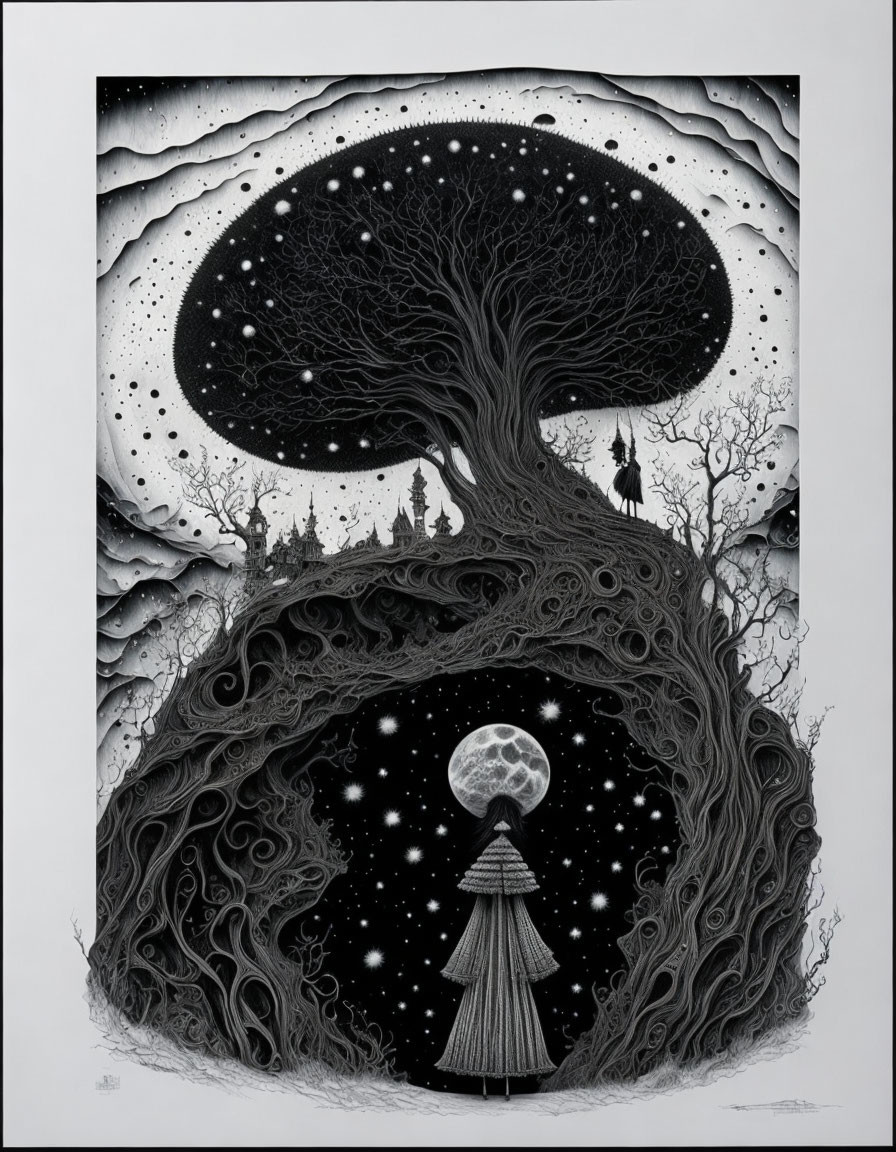 Monochrome celestial scene with tree, figure, moon & stars