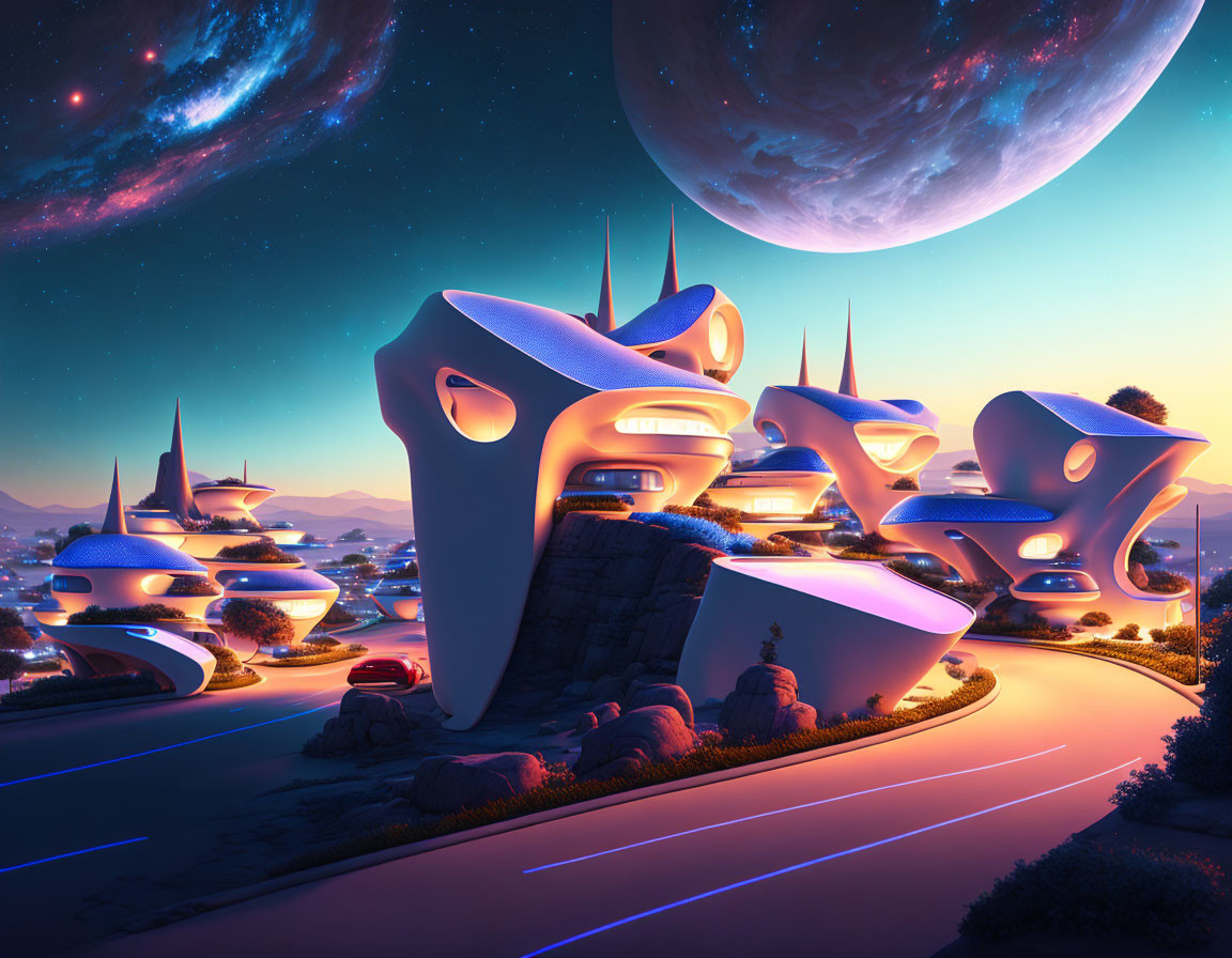 Futuristic cityscape with flowing architecture and large moons at twilight