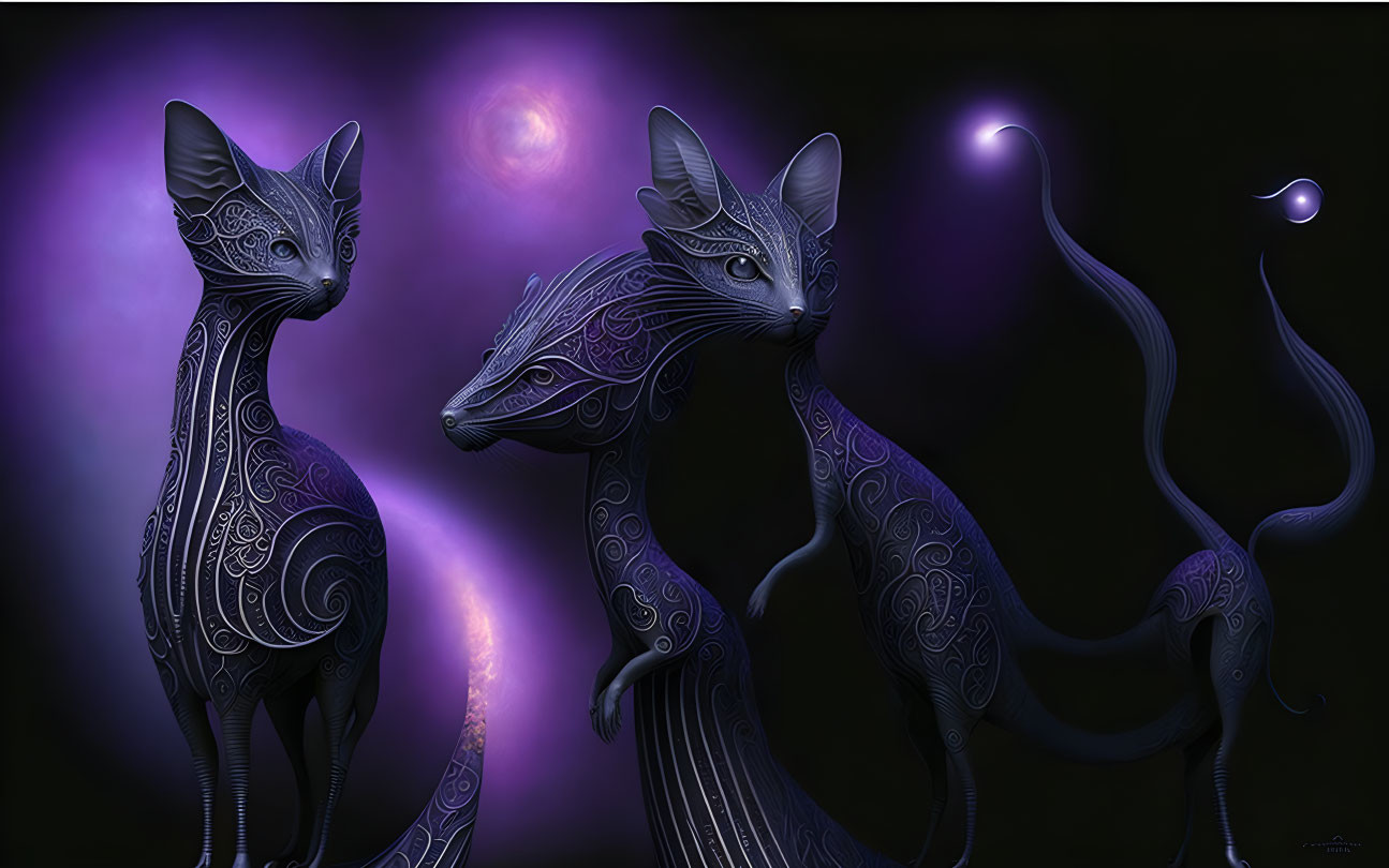 Three purple stylized fox-like creatures on a mystical dark background with glowing orbs