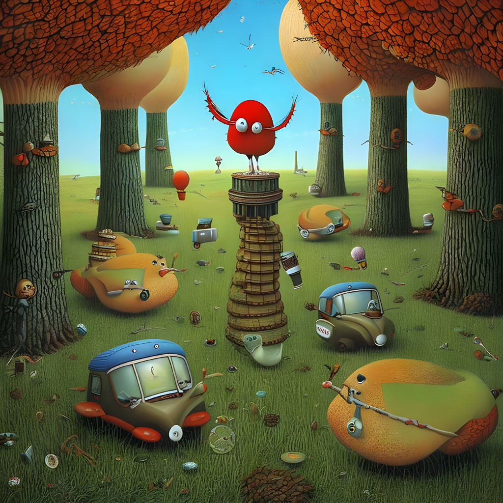 Surreal landscape featuring anthropomorphic cars, insects, red bird, stone structure, whimsical trees