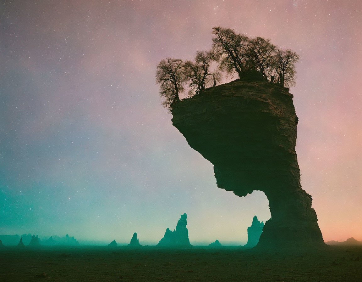 Majestic rock formation with trees under starry sky in misty landscape