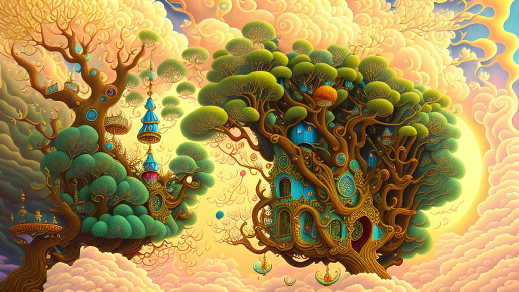 Fantastical tree and whimsical houses illustration in vibrant colors