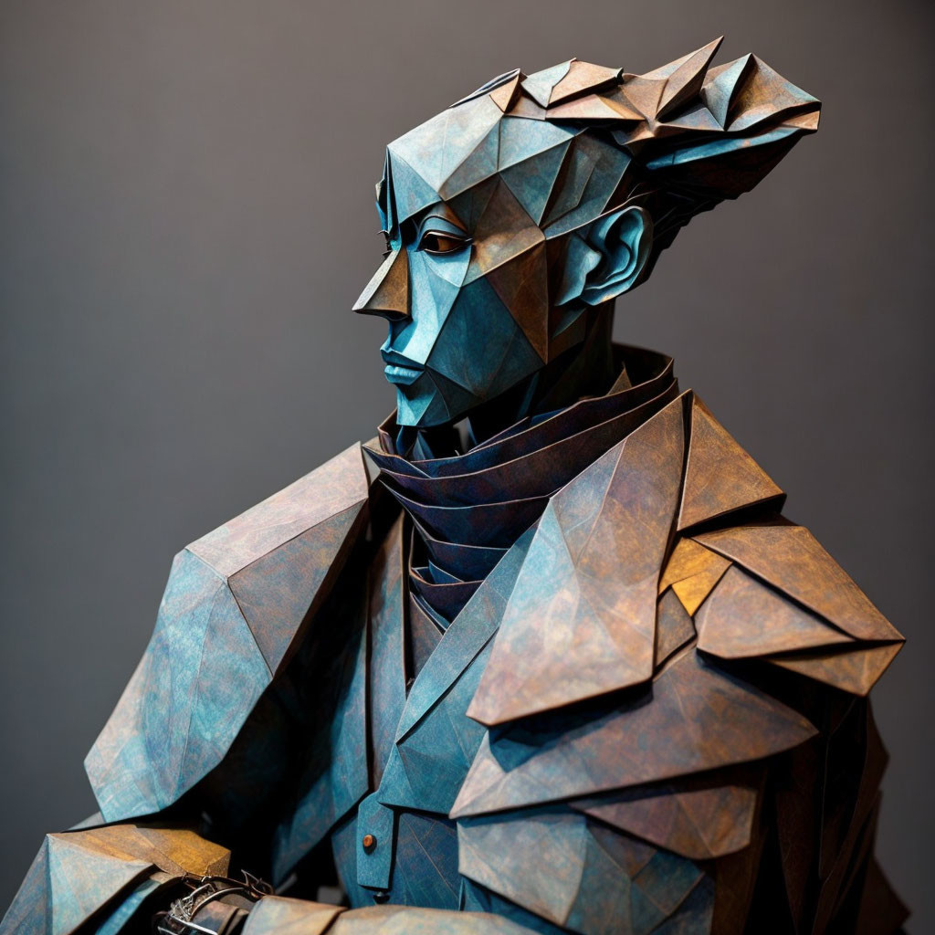 Geometric origami-inspired portrait in blue and brown tones on dark background