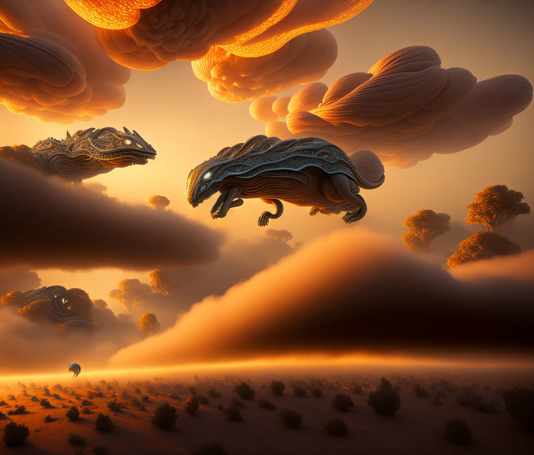 Surreal landscape: orange sky, dragon-like clouds, lone figure, desert trees