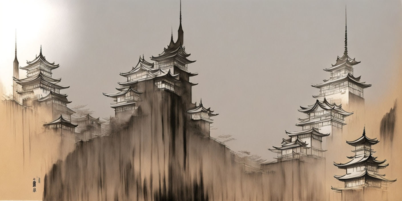 Ink Wash Painting of Misty Mountain Pagodas