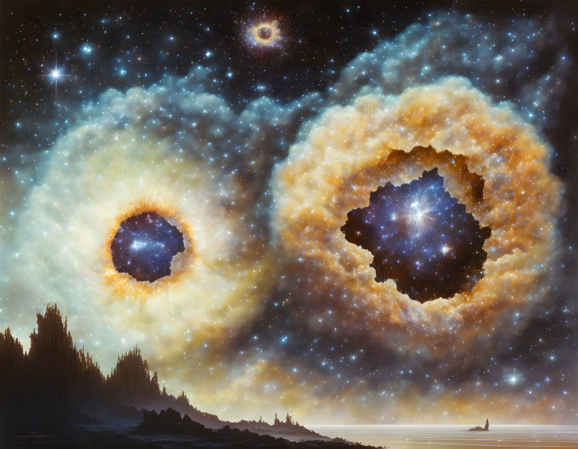 Celestial digital artwork with colorful nebula-like eyes in night sky