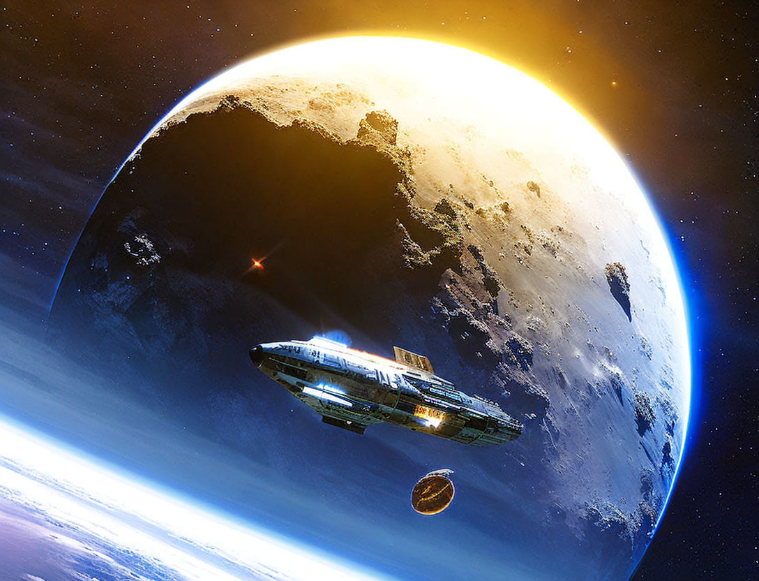 Spaceship orbits Earth with asteroids in futuristic space scene