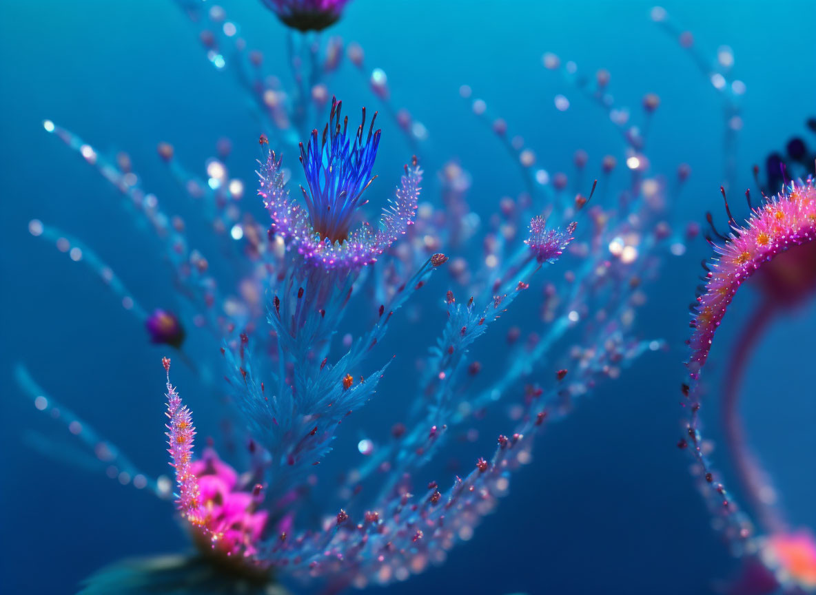 Macro shot of dew-covered plant tendrils and flowers on blue background