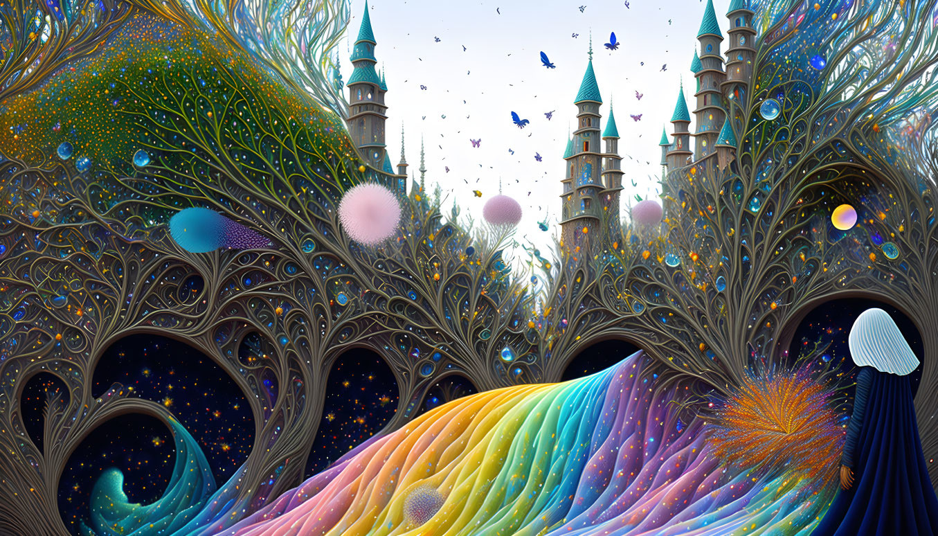 Colorful swirling trees, whimsical castles in a starry sky over a rainbow ground.