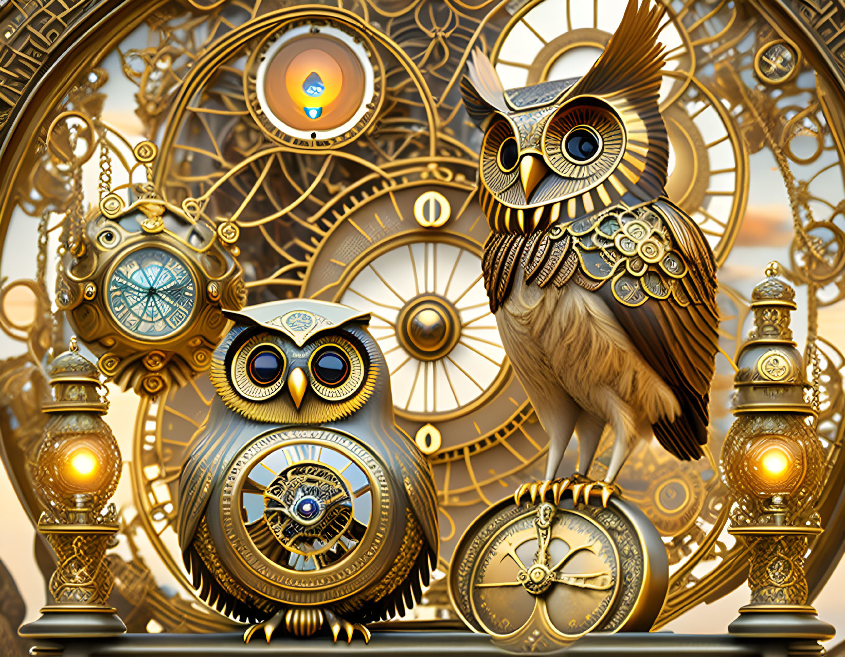 Steampunk-inspired image: Ornate mechanical owls with clockwork elements.