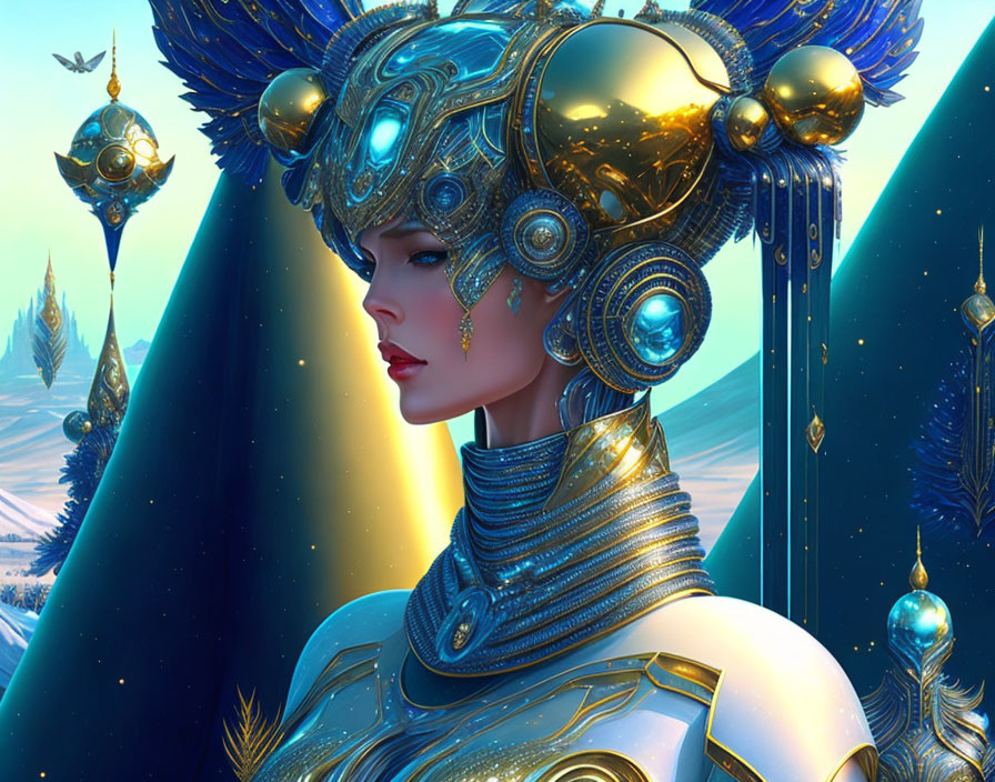 Futuristic digital artwork of woman in golden armor in icy landscape