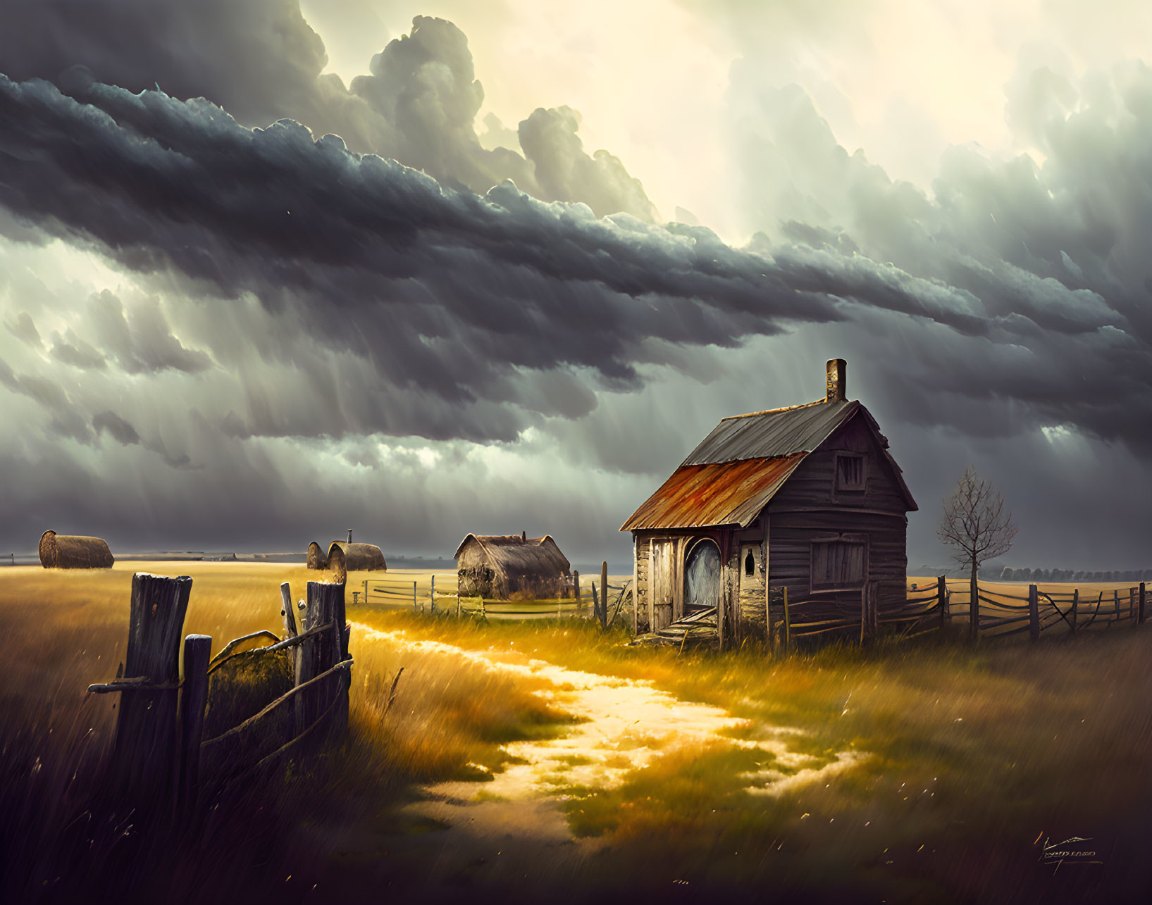 Rural landscape with stormy sky, wooden house, hay bales, glowing path.