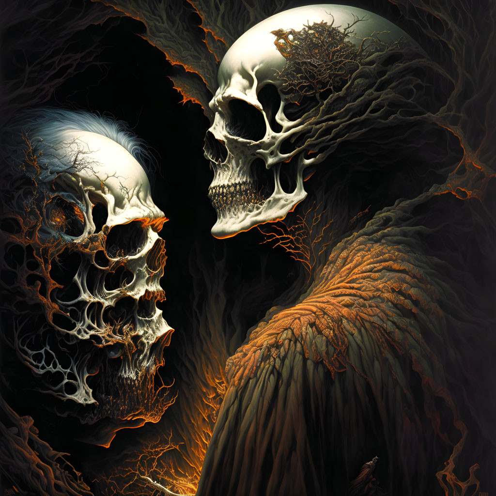 Detailed surreal artwork: Two large skulls facing each other amidst tree-like structures on a dark background