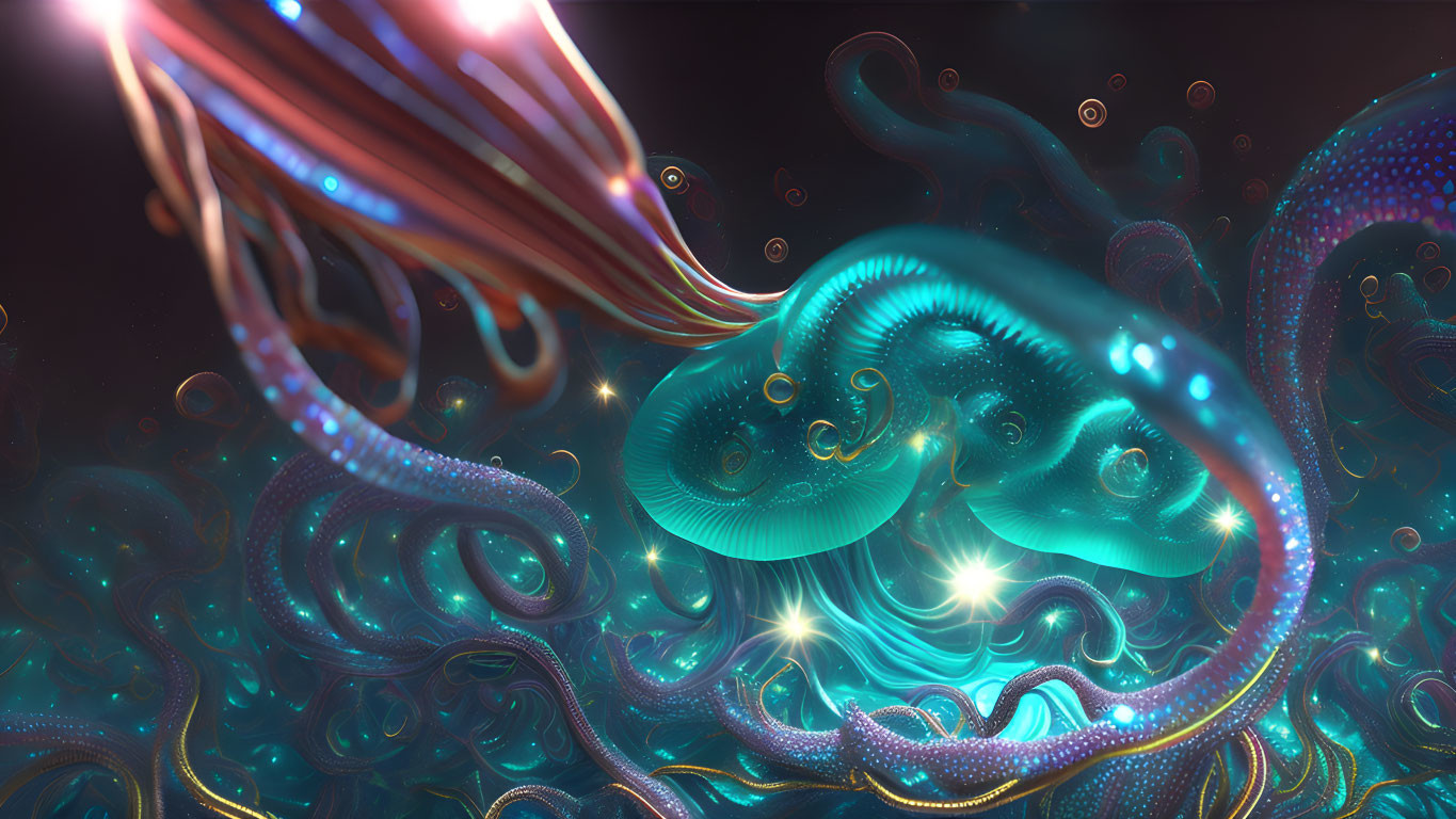 Vibrant glowing tentacle-like shapes on dark background