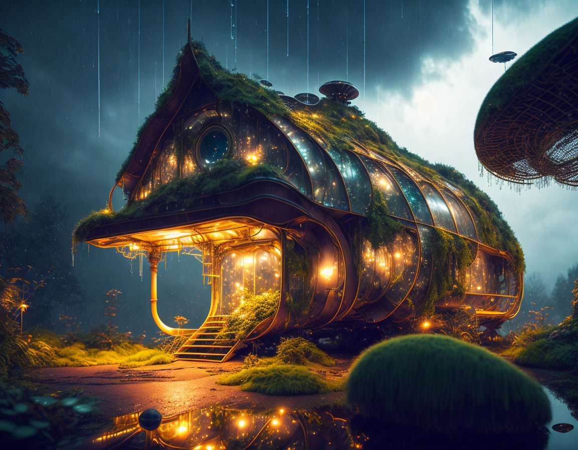 Organic Curved Futuristic House Glowing in Twilight Rain