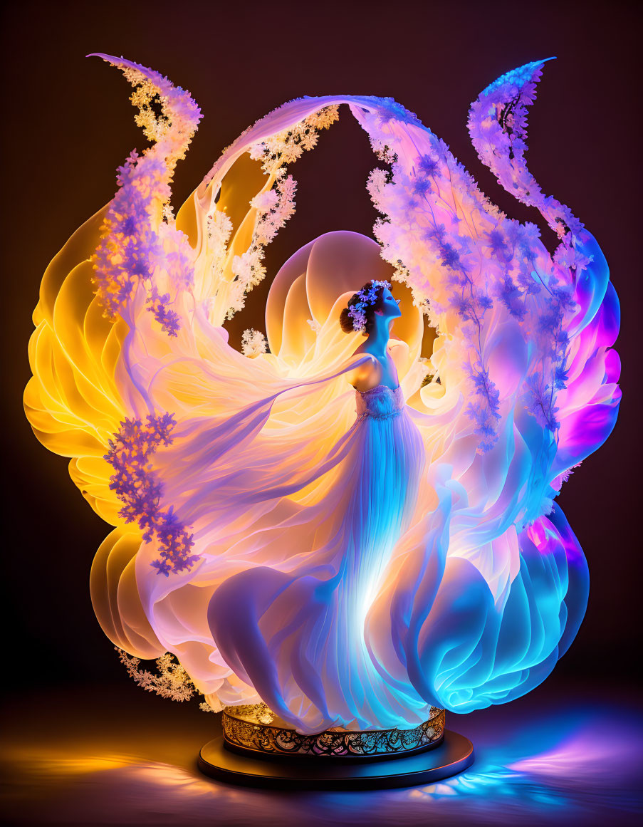 Colorful dancer figurine with flowing dress in yellow, blue, and purple hues.