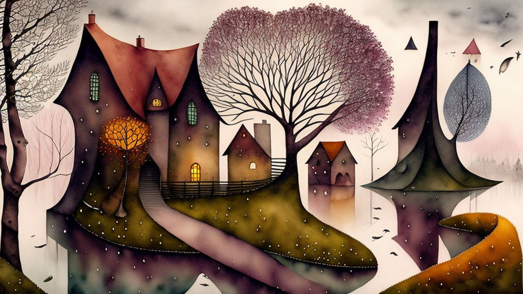 Stylized crooked houses and unique trees in whimsical illustration