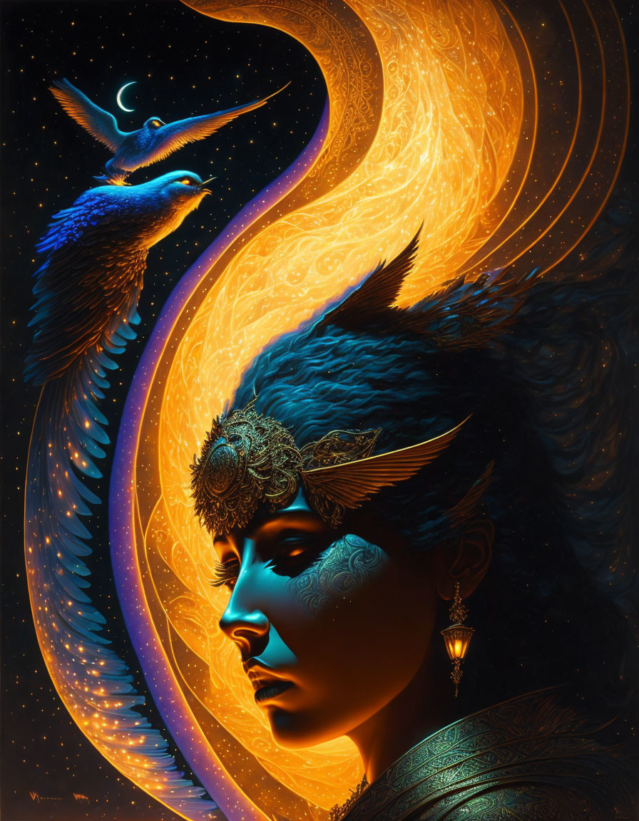 Vibrant digital art: Woman with blue skin and phoenix on golden backdrop