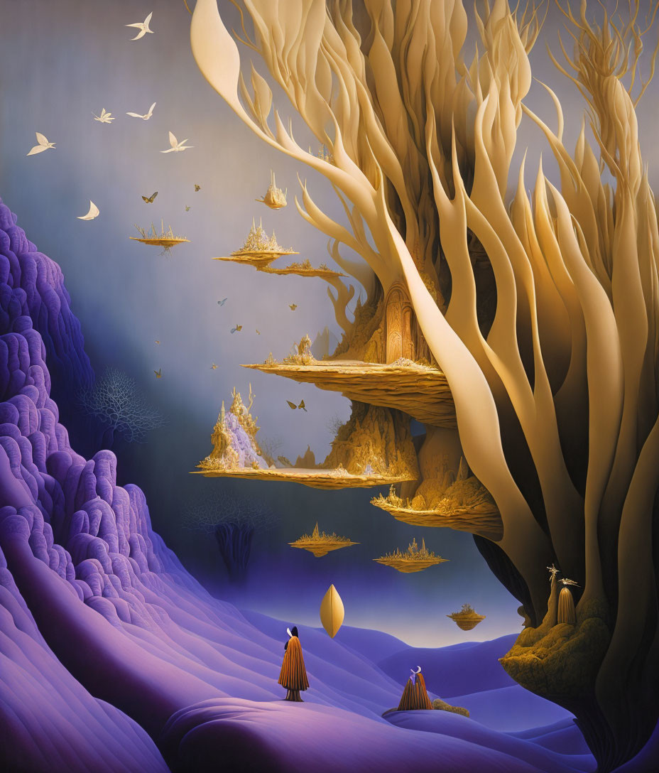 Surreal landscape with towering root-like structures and robed figures amidst floating islands.