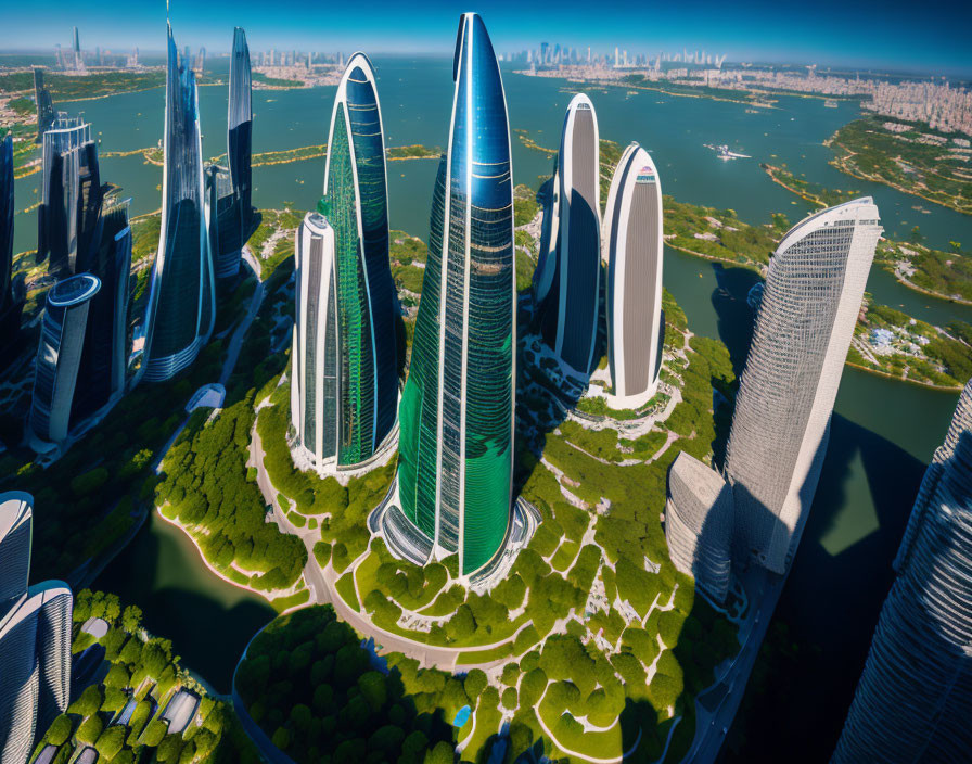 Futuristic cityscape with skyscrapers, greenery, and waterways