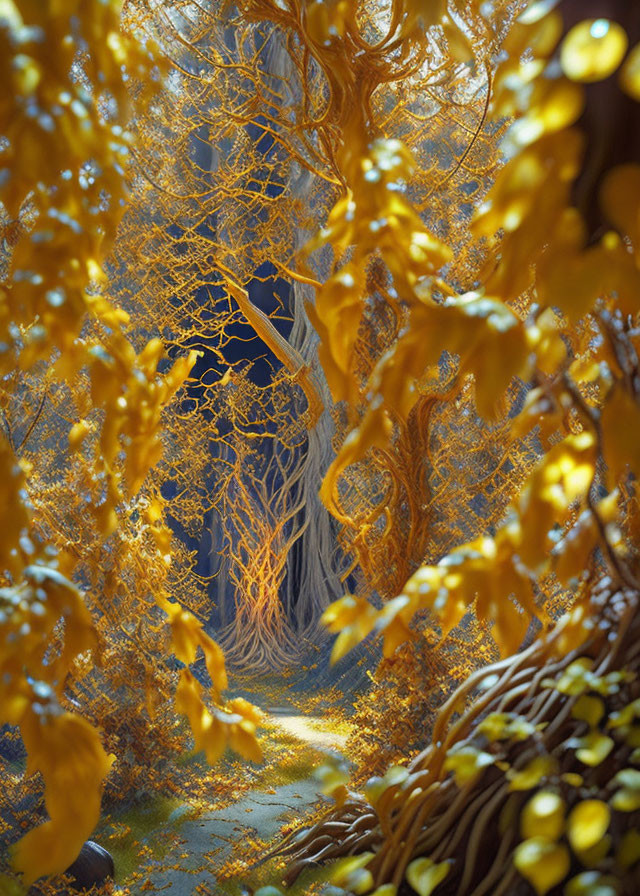 Enchanting golden forest path with vibrant yellow leaves