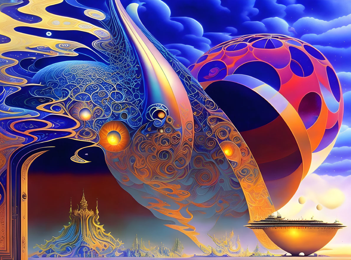 Surreal artwork: Fluid golden structure, orbs, abstract patterns, floating island castle