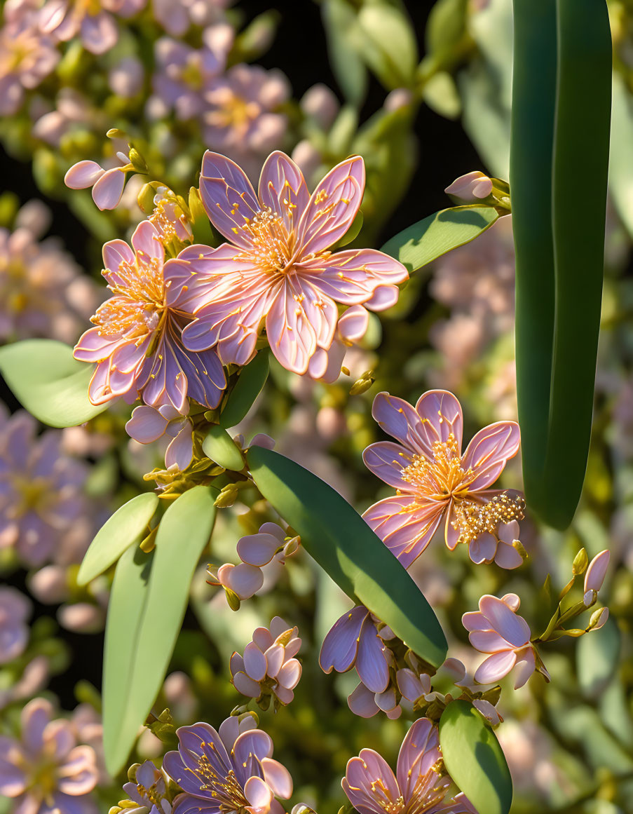 Vibrant pink flowers with yellow stamens in sunlight and shadowed backdrop