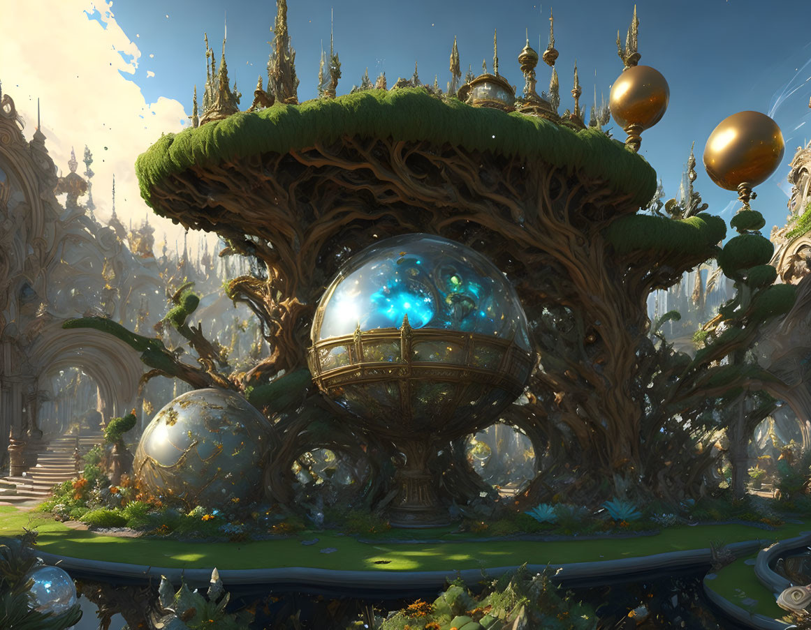 Ancient tree with spherical structure in fantastical landscape